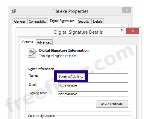 Screenshot of the SonicWALL Inc. certificate